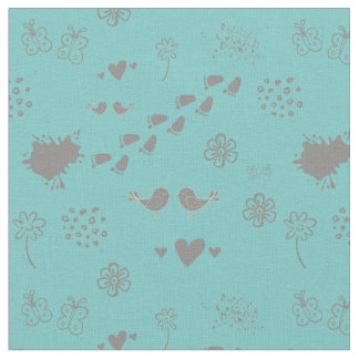 レトロのタークイズと鳥のカラフルパターン，ドット ファブリック