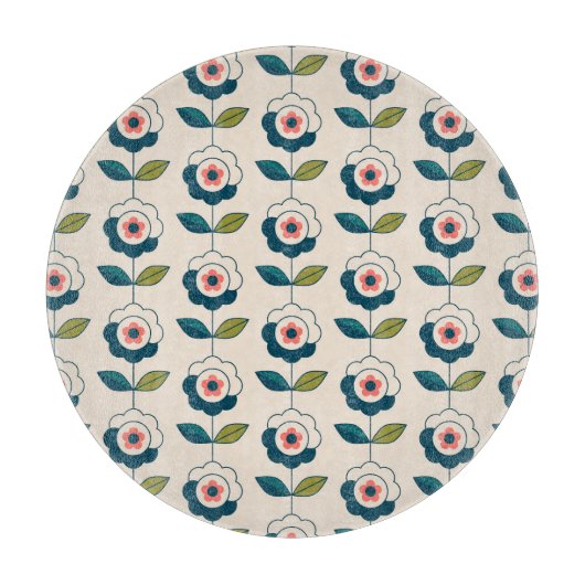 レトロのターコイズの花柄パターン カッティングボード (正面)