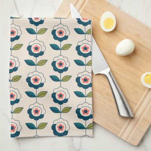 レトロのターコイズの花柄パターン キッチンタオル (四つ折り)