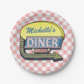 レトロのダイナーの印50sのピンクのチェック模様のパーソナライズ ペーパープレート (正面)