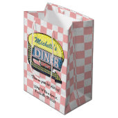 レトロのダイナーの印50sのピンクのチェック模様のパーソナライズ ミディアムペーパーバッグ (正面アングル)