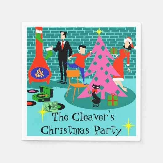 レトロのトリミングのクリスマスツリー紙ナプキンス スタンダードカクテルナプキン (正面)