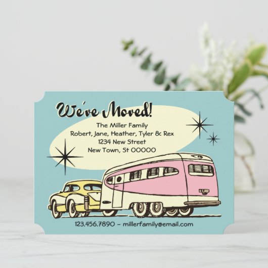 レトロのトレーラーの引っ越しましたの発表 案内状 (スタンド正面)