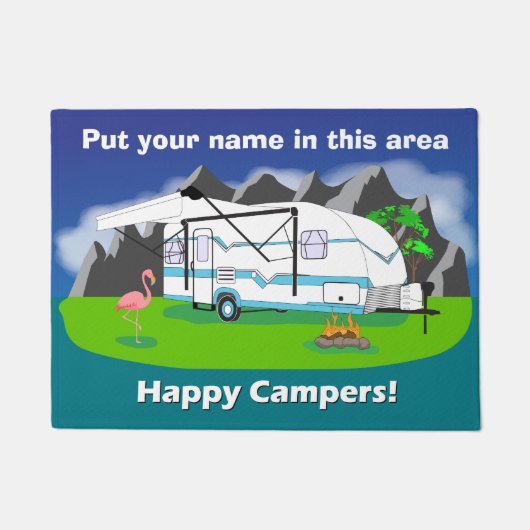 レトロのトレーラーの玄関マット、ティール（緑がかった色）、独身のな車軸、18 x 24 ドアマット (正面)