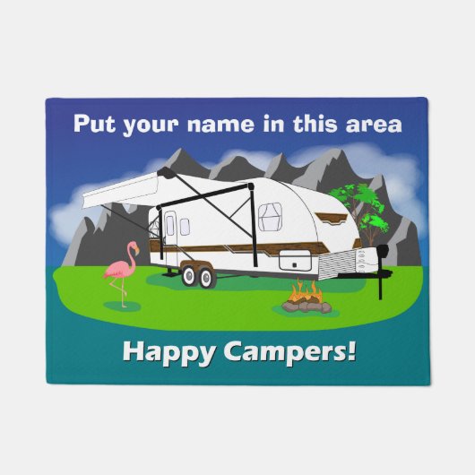 レトロのトレーラーの玄関マット、木質の、二重車軸、18" x 24" ドアマット (正面)