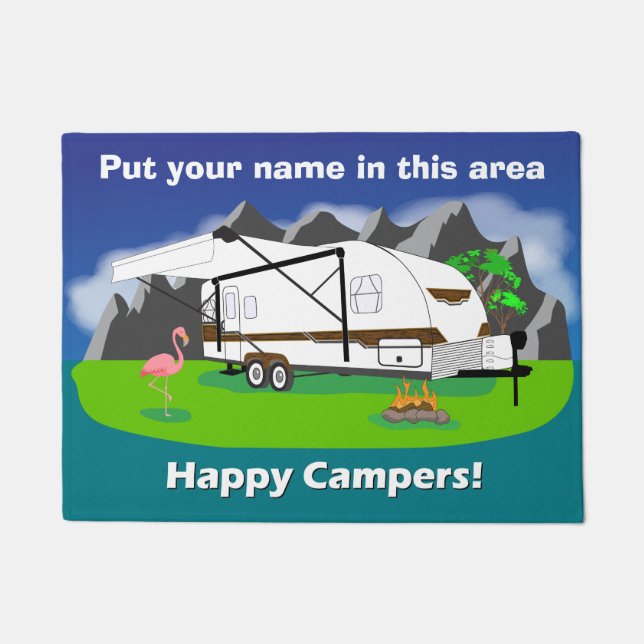 レトロのトレーラーの玄関マット、木質の、二重車軸、18" x 24" ドアマット (正面)