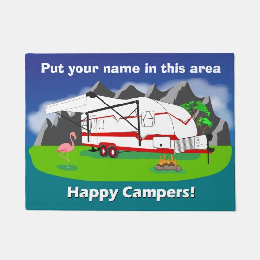 レトロのトレーラーの玄関マット、赤、二重車軸、18" x 24" ドアマット (正面)