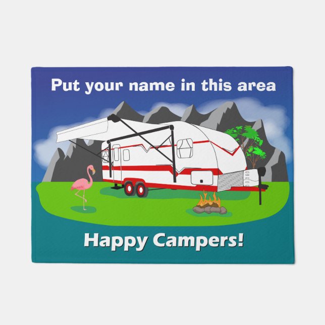 レトロのトレーラーの玄関マット、赤、二重車軸、18" x 24" ドアマット (正面)