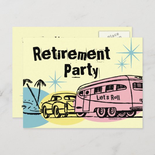 レトロのトレーラーの退職パーティーの郵便はがきの招待状 インビテーションポストカード (正面/裏面)