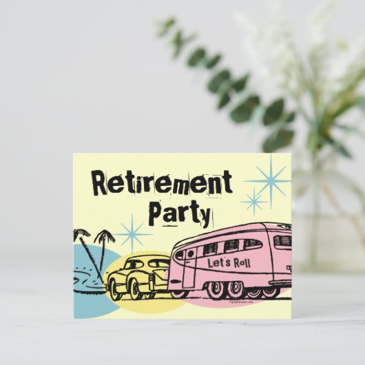 レトロのトレーラーの退職パーティーの郵便はがきの招待状 インビテーションポストカード (スタンド正面)