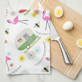 レトロのトレーラー及びフラミンゴパターン キッチンタオル (四つ折り)