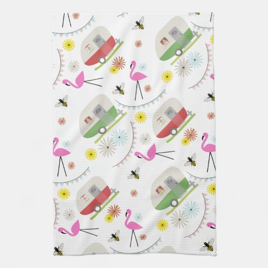 レトロのトレーラー及びフラミンゴパターン キッチンタオル (縦)