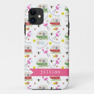 レトロのトレーラー及びフラミンゴパターン iPhone 11 ケース