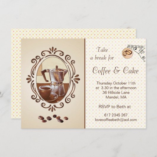 レトロのノスタルジックなコーヒーメーカー及びコップのパーティーの招待 招待状 (正面/裏面)