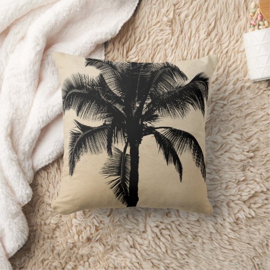 レトロのハワイの熱帯ヤシの木のシルエットの黒 クッション (ブランケット)