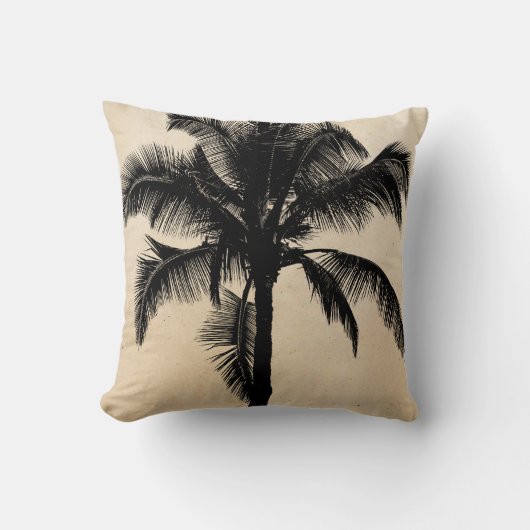 レトロのハワイの熱帯ヤシの木のシルエットの黒 クッション (正面)