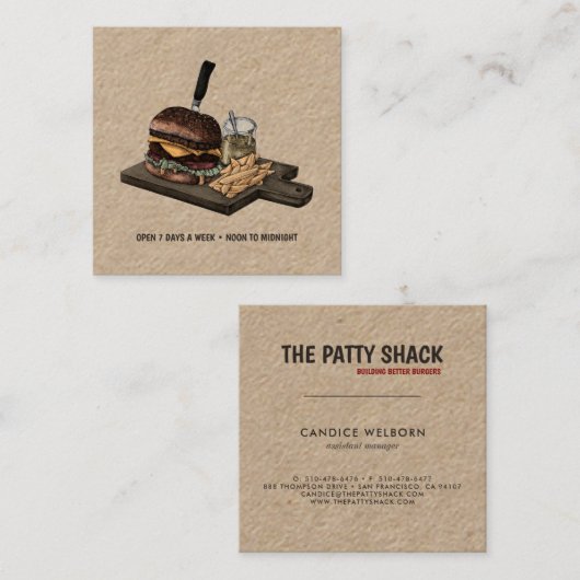 レトロのハンバーガーのクラフトの名刺 スクエア名刺 (正面/裏面)