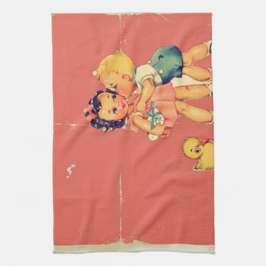 レトロのバレンタインの低俗なヴィンテージの子供 キッチンタオル (縦)