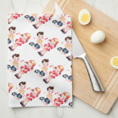 レトロのバレンタインの女の子及び男の子 キッチンタオル (四つ折り)