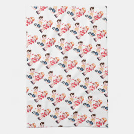 レトロのバレンタインの女の子及び男の子 キッチンタオル