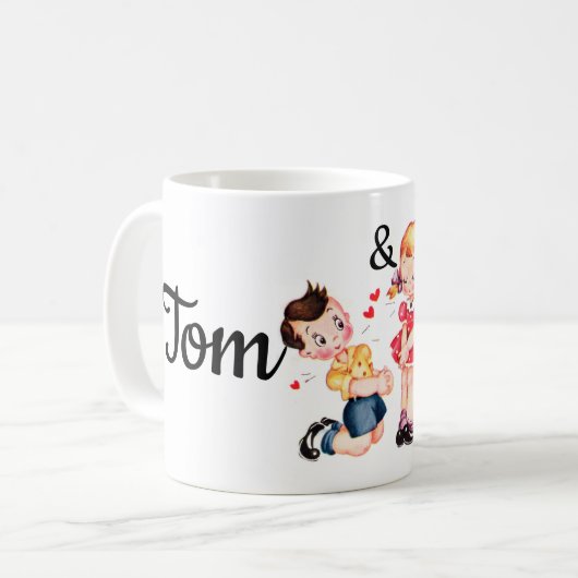レトロのバレンタインの女の子及び男の子Personnalised コーヒーマグカップ (正面左)