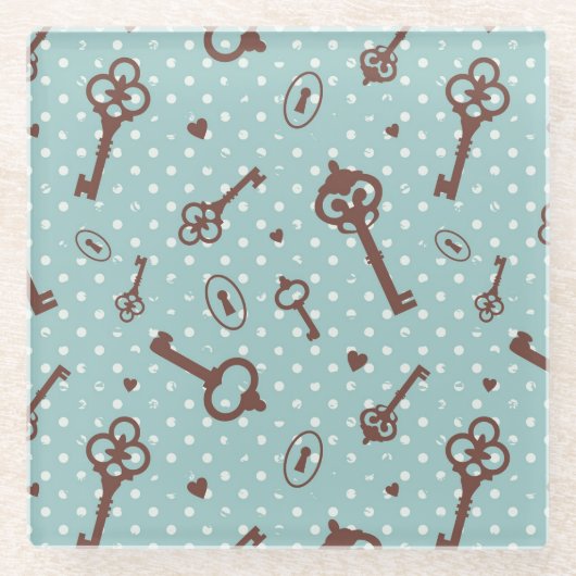 レトロのバレンタインの鍵 ガラスコースター (正面)