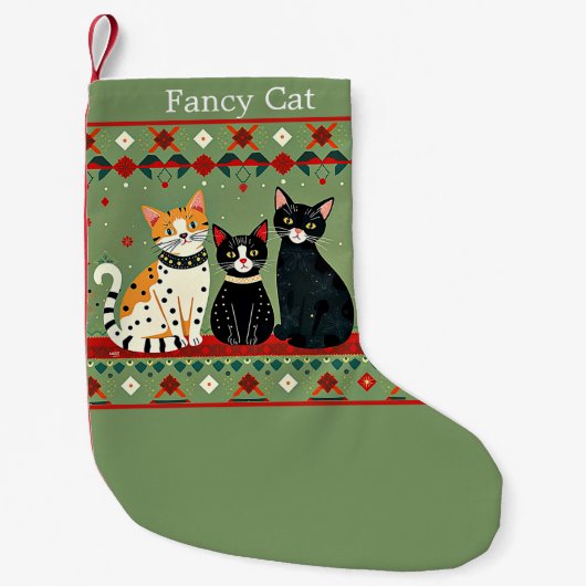 レトロのパーソナライズされた猫 スモールクリスマスストッキング (正面)