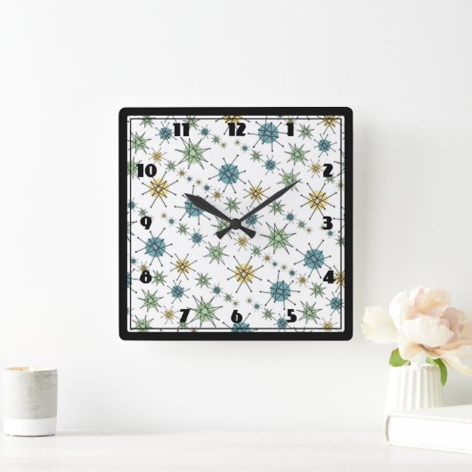 レトロのヒップスターの宇宙時代の原子スターバスト スクエア壁時計 (ホーム)