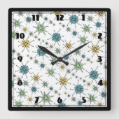 レトロのヒップスターの宇宙時代の原子スターバスト スクエア壁時計 (正面)