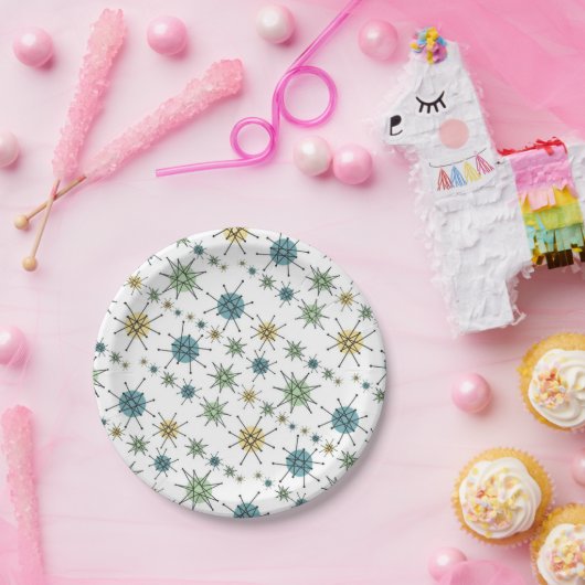 レトロのヒップスターの宇宙時代の原子スターバスト ペーパープレート (パーティー)