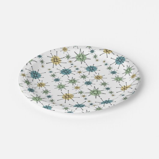 レトロのヒップスターの宇宙時代の原子スターバスト ペーパープレート (アングル)