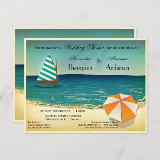 レトロのビーチ場面ウェディングシャワーの招待状 招待状 (正面/裏面)