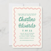 レトロのピンクと緑の結婚手書き 招待状 (正面)