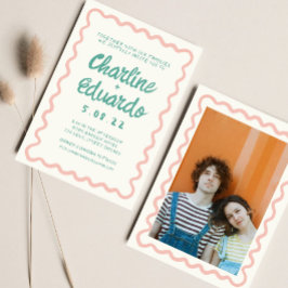 レトロのピンクと緑の結婚手書き 招待状