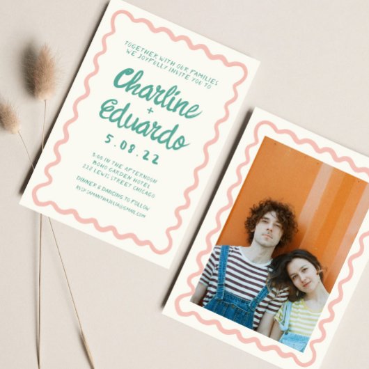 レトロのピンクと緑の結婚手書き 招待状