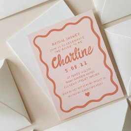 レトロのピンクと赤の波型の手書きブライダルシャワー 招待状