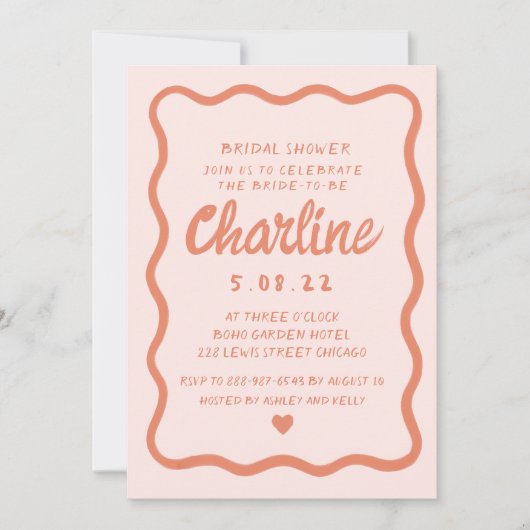 レトロのピンクと赤の波型の手書きブライダルシャワー 招待状 (正面)