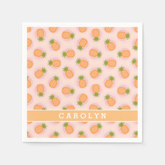レトロのピンクのオレンジパイナップルはモノグラムを模造します スタンダードカクテルナプキン (正面)