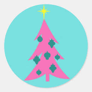 レトロのピンクのクリスマスツリーの円形のステッカー ラウンドシール