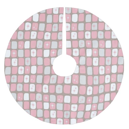 レトロのピンクのスターバストのクリスマスツリーのスカート ブラッシュドポリエステルツリースカート (正面)