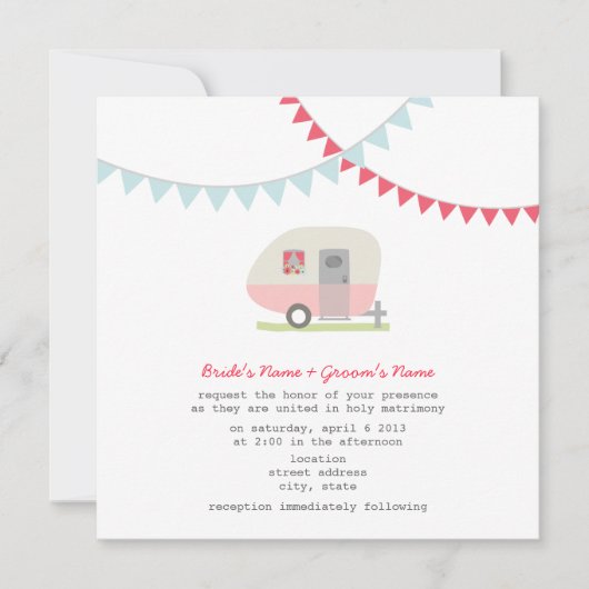 レトロのピンクのトレーラーの結婚式の招待 招待状 (正面)