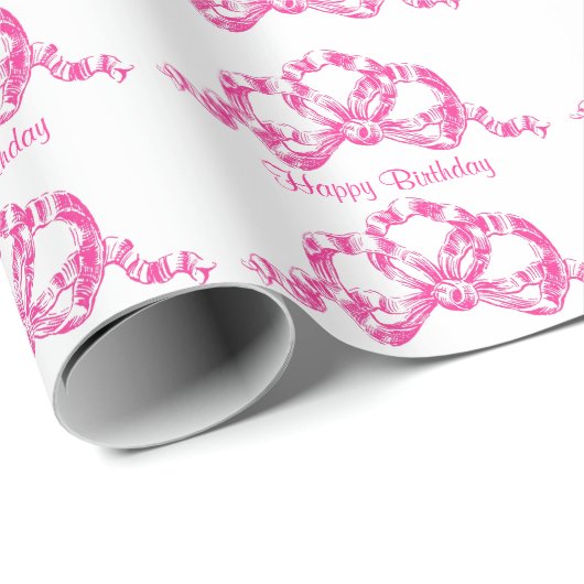 レトロのピンクのフランスのなリボンの弓ハッピーバースデー ラッピングペーパー (ロールコーナー)