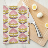 レトロのピンク及び紫色の花パターン キッチンタオル (四つ折り)