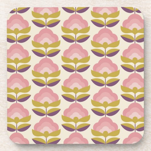 レトロのピンク及び紫色の花パターン コースター (正面)