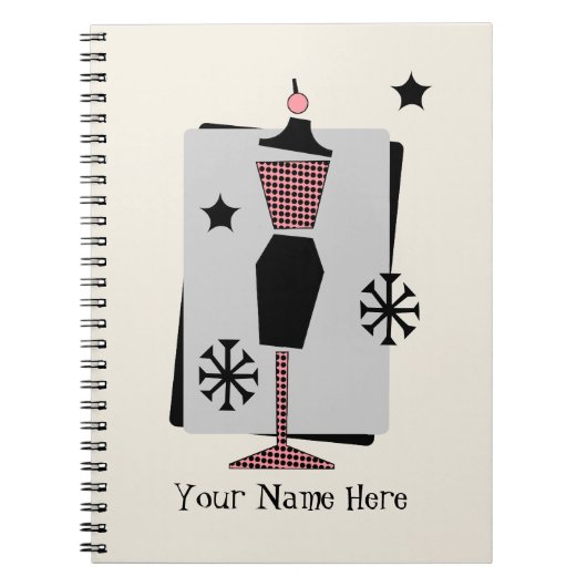 レトロのピンク及び黒い服の型枠のマネキンのノート ノートブック (正面)