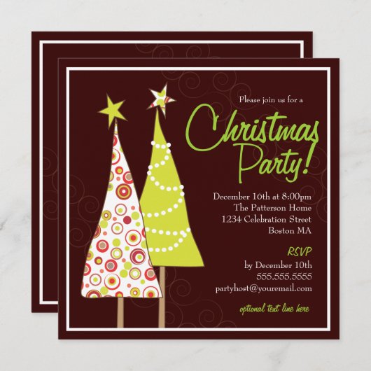 レトロのファンキーな木のクリスマスのパーティの招待状 招待状 (正面/裏面)