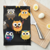 レトロのフクロウパターン キッチンタオル (四つ折り)