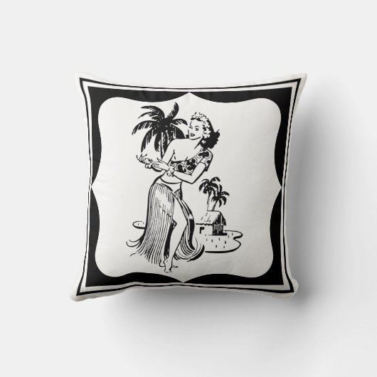 レトロのフラのダンサーの熱帯Tikiの島のヤシの木 クッション (裏面)