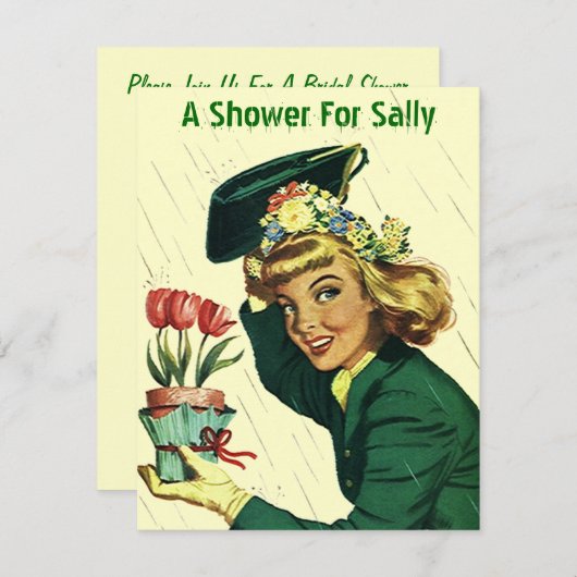 レトロのブライダル・シャワーの発表の招待状を雨が降ること 招待状 (正面/裏面)