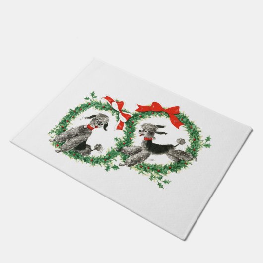 レトロのプードルのクリスマスのリースの玄関マット ドアマット (アングル)